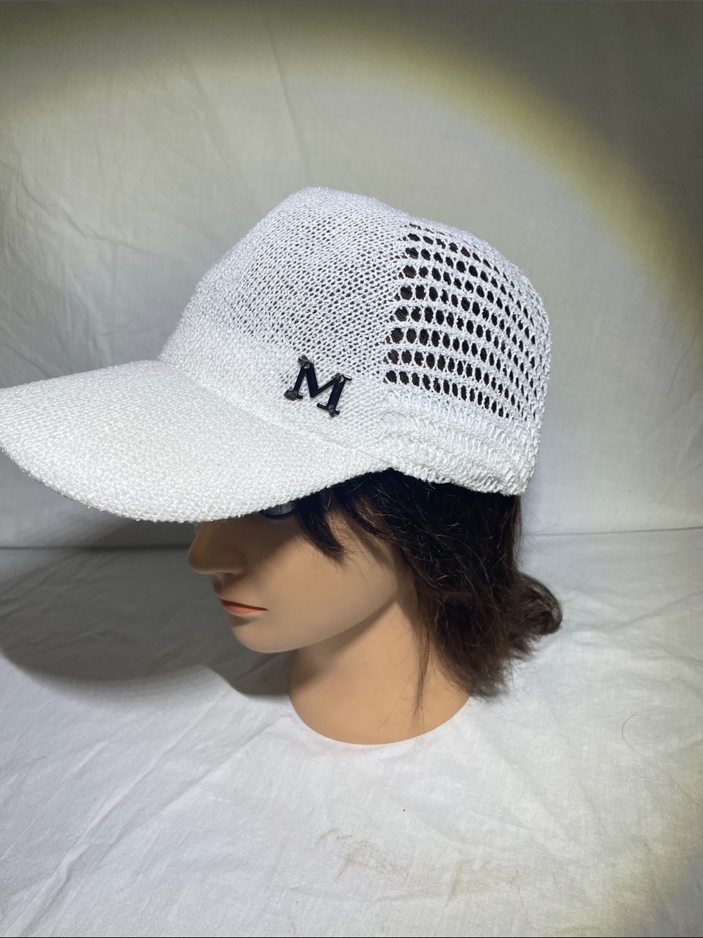 White Mesh Knit Baseball Cap with Navy 'M' Accent - Women's